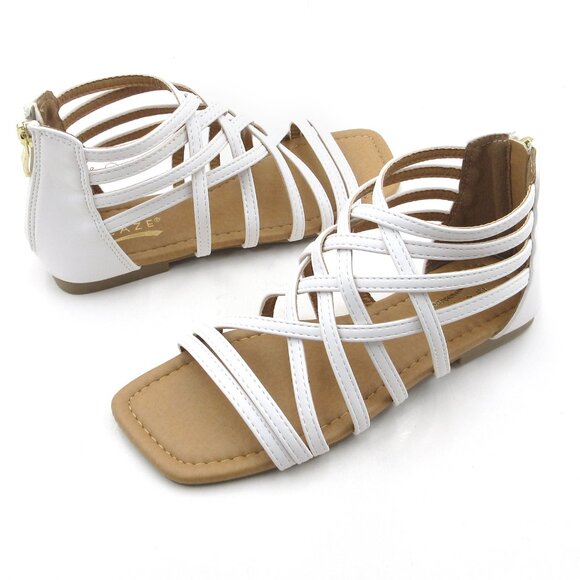 Women's Roman Gladiator Muliti Straped Back Zip Design Flat Heel Sandals White - Picture 4 of 6